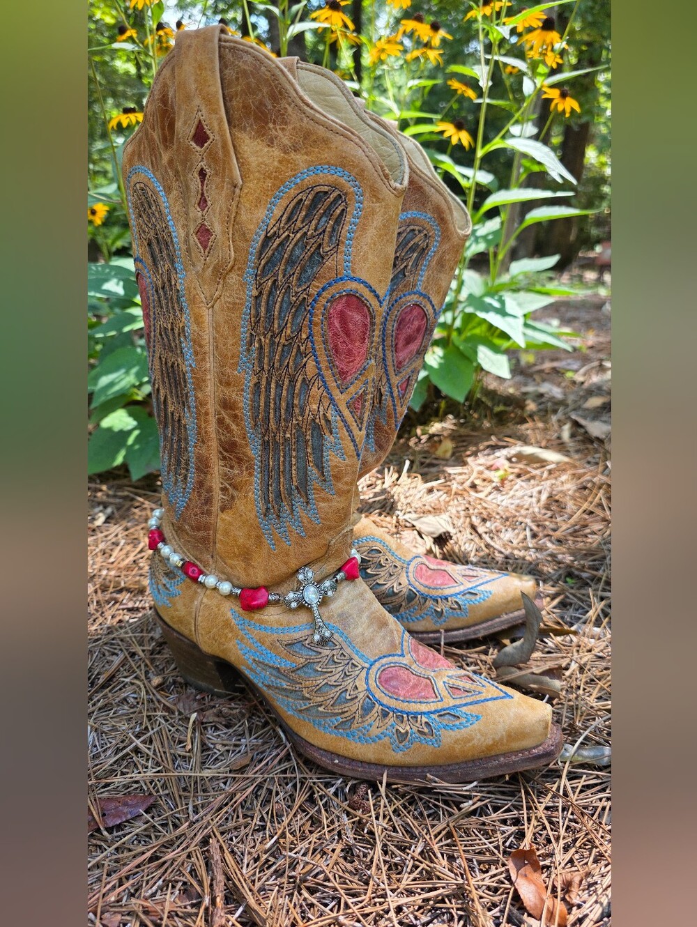 Corral Tan Western Boots with Red Heart and Blue Wing Embroidery